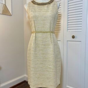 ELIE TAHARI Yellow Cotton Blend Sheath Dress w/Beaded Neckline &Gold Lining US 4